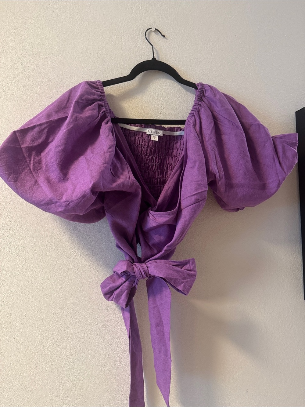 VENUS Violet Puff-Sleeve Tie-Front Crop Top